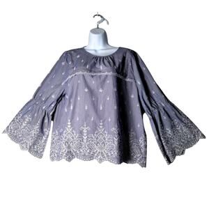 J.Crew Blue Striped Embroidered Boho Top Size XL Cotton Blend Bell Sleeve